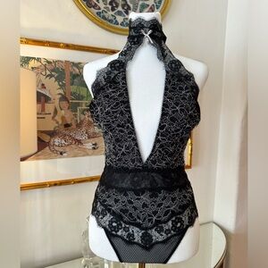 New Victoria's Secret Black Lace, High Neck Halter Teddy Bodysuit.